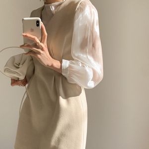 Corée All-Match O-Cou Puff Sleeve Top Femme Transparent Col V-Col Plissé Laine Gilet Robe Femmes Mini Mode 210429