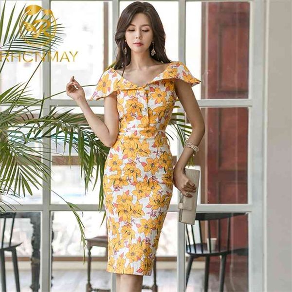 Corea llegada verano mujeres OL elegante Vintage fiesta estampado lápiz vestido temperamento cómodo Delgado cuello en V Sexy Formal 210506