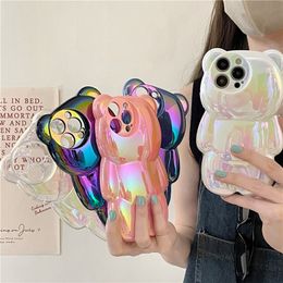 Korea Bear Aurora Laser Clear Phone Case voor iPhone 15 14 13 12 11 Pro Max plus luxe cartoonbeer Clear Soft Silicone Cover 100pcs