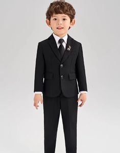Korea Boys Black Suit voor bruiloft Kinderen Jas Vestbroek Tie 4pcs Ceremonie Tuxedo Dress Kids Pograph Performance kostuum 240531