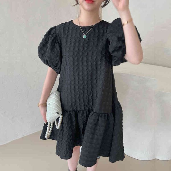 Corea Chic Casual moda muñeca cuello Puff manga Vestido con volantes suelto Color sólido vestido de mujer verano 16W1380 210510