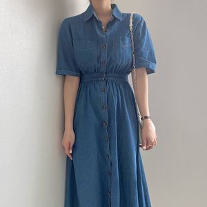 Corée Chic mode décontracté revers simple boutonnage taille haute à manches courtes lavé bleu Denim robe femmes été 16W1395 210510
