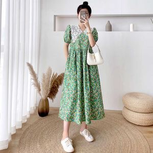 Korea chic zomer vintage grote revers slanke taille floral jurk vrouw bladerdeeg mouw casual mode kleding vestido feminino 210529