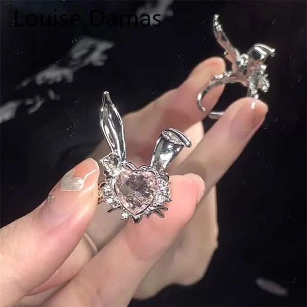 Anillos con orejas de conejo bonitos de Corea para niñas y mujeres, joyería de circón con conejito, anillos de apertura para novia, regalos de joyería de viento de oro blanco de 14K