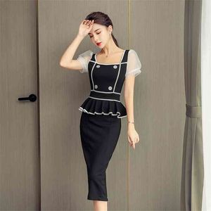 Korea jurk voor vrouwen zomer zwarte ruche mouw vierkante nek holle sexy dames ol office lange maxi jurken 210602