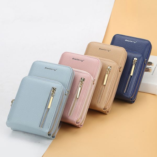 Corée Femmes Sac de téléphone avec Bandoulière Courroie Couronne Pure Couleur Corps de Messager Lady Portefeuille Long Portefeuille Grossiste