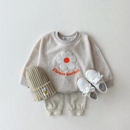 Corea niñas flores de algodón orgánico sudadera pantalones 2 piezas conjunto chándal niño niña ropa conjunto bebé boutique trajes 231220