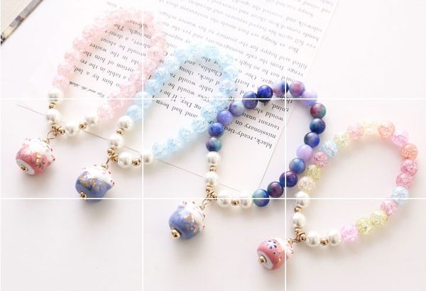 Pulsera de cristal en polvo de cristal de Corea, pulsera colorida de gato de la suerte para mujer