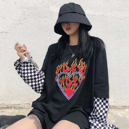 Korea ins Harajuku Streetwear Zwart en Wit Schaakbord Vlam Print Top Mode Dames Fake Twee Losse T-shirts met lange mouwen 210608