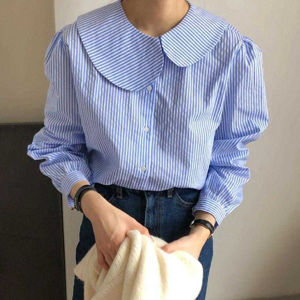 Corea Diseño irregular Peter Pan Collar Puff Manga de un solo pecho All Match Camisas a rayas Top Blusa Mujer 210615