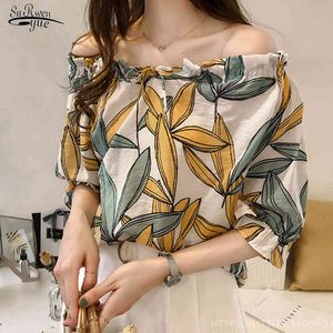 Korea afdrukken chiffon shirt vrouwen casual plus size off-the-schouder vrouwelijke blouse korte mouw zomer kleding 13754 210508