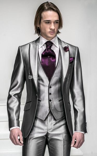 Corée-Satin brillant argent avec bord noir homme marié Tuxedos costumes de mariage bal/costume formel (veste + pantalon + gilet + cravate + mouchoir) OK: 999