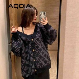 Korea stijl argyle vrouwen truien losse knop zwart gebreide vrouw vest trui winter mode warme vrouwelijke jas kleding 210521