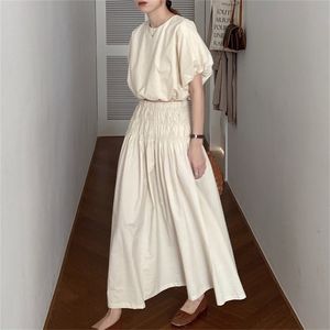 Korea zomer elegante vrouwen 2 stuk set bladerdeeg shirt shirt top + hoge taille lange rok pak 210519