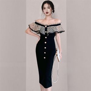 Korea zomer mode sexy dot mesh ruches slash nek bodycon single-breasted office ol potlood jurk vestido feminino 210519