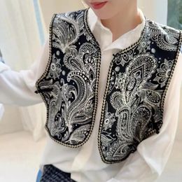 Korea zoete sjaal voor vrouwen etnische stijl uit het kader van het versleten vintage bloemen kort vestjack dames losse casual mouwloze tops shirt 240412