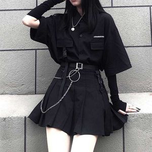 Korea ulzzang drie stuk set donker mini vrouwen rok schooluniformen A-lijn hoge taille harajuka gothic pakken sets 210608
