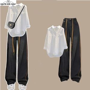 Korean Academy Style Springsummer set wit shirt veelzijdige rechte poot jeans tweedelige voor vrouwen 240516
