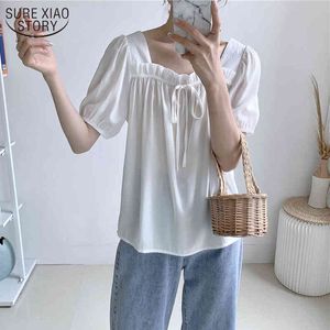 Koreaanse leeftijdreducerende vrouw-shirts Solid Losse vierkante kraag Top Snoep Kleuren Puff Sleeve Short Chiffon Blouse 9693 210508
