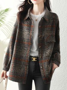 Manteau à col rabattu pour femme, vêtements d'automne coréens, mode de rue, mélange de laine à carreaux, veste polyvalente, 240110