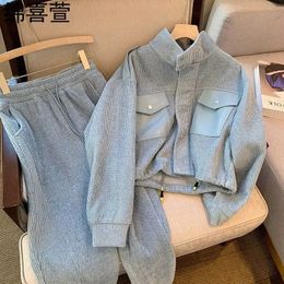 Otoño coreano gris chaqueta de manga larga pantalones de pierna ancha de cintura alta conjunto de dos piezas para mujer chándal ropa deportiva femenina 240329