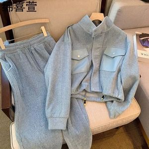 Coréen automne gris à manches longues veste taille haute pantalon à jambes larges deux pièces ensemble pour femmes survêtement femme vêtements de sport 240315