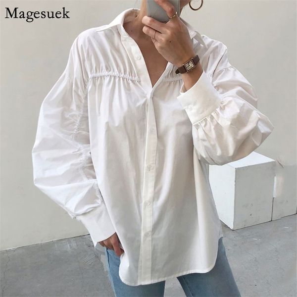 Blusa blanca de talla grande de otoño coreano para mujer, Top de manga abullonada Vintage con un solo pecho, camisas de algodón informales Harajuku para 12364 210512