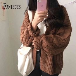 Koreaanse herfst winter vrouwen truien retro losse lantaarn mouw trui cardigan jas vrouwelijke swetry damskie 210520