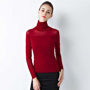 Koreaanse Herfst Vrouwen T-shirts Vrouw Turtleneck Basic Shirt Tops Solid Long Sleeve Top Plus Size Mesh 210531