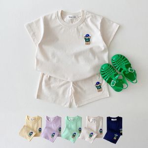 Korean baby boy summer clothing set embroidered bear colored T-shirt+loose shorts set 2PCS bag baby girl clothing set 240225