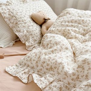 Juego de ropa de cama para cuna de niña coreana, juego de cama para cuna de muselina de algodón con estampado Floral de cereza y rosa de conejito, funda nórdica 240229