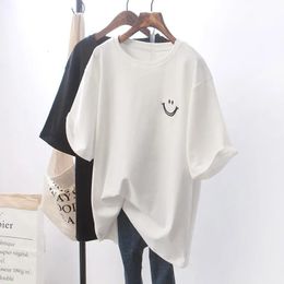 Corea Batwing Manga corta Camisetas sueltas Casual Women Floral Print Smile Face Blanco Blanco All Match Trend Top 240411