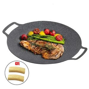 Corean BBQ Grill Pan Smokeless Round Griddle Plate de barbecue intérieure Gilant extérieur Friries avec porte-huile 240429