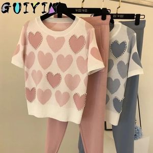 Coreano con cuentas amor impreso de punto dulce 2 piezas mujeres de manga corta suéteres con cuentas tops femeninos + pantalones traje rosa casual chándal W220331