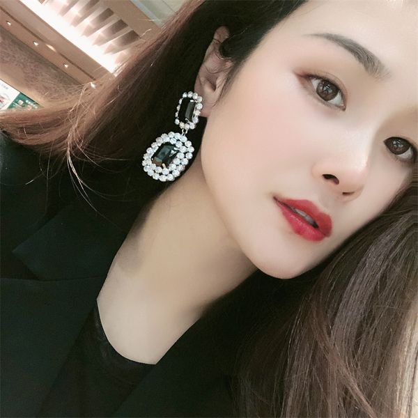 Boucles d'oreilles coréennes avec pierres brillantes, grandes boucles d'oreilles noires pour femmes, bijoux de fête et de boîte de nuit, nouvelle tendance 2021