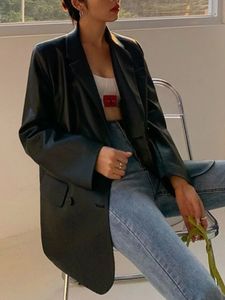 Koreaanse Zwart Lederen Moto Jas Vintage Warme Vrouwelijke Losse Lederen Pak Blazers Streetwear Dames Mode Trend Dunne Biker Jassen 240131