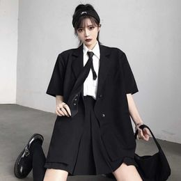 Koreaanse zwarte pak blazers bovenkleding lange mouw vrouwen dubbele breasted dunne jas casual kantoor zomer kleding 210604
