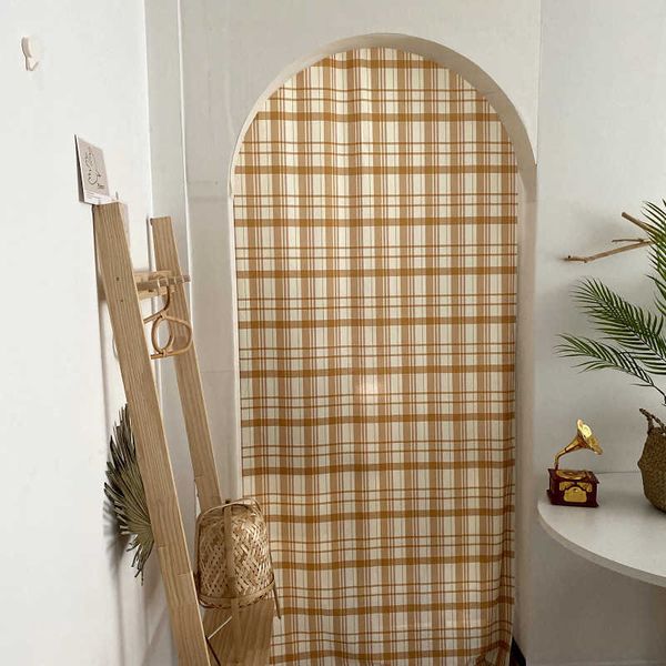 Blogger coréen fille coeur jaune grand treillis décoration de la maison tissu suspendu, rideau et rideau chambre 210712