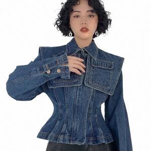 Koreaans Blauw Grote Revers Sjaal Pocket Denim Jassen Vrouwen Casual Retro Slanke Jeans Jassen Uitloper Chaqueta Mujer Jaqueta Streetwear X3vr #