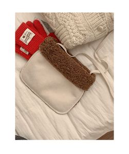 Sac de téléphone coréen en daim marron avec polaire en laine d'agneau : bandoulière confortable automne/hiver pour femme blanc café