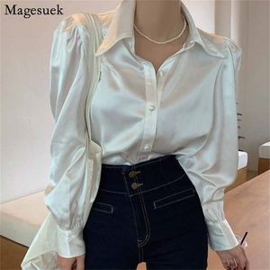 Camisa de solapa con botones de satén holgada de manga de burbuja coreana, Tops elegantes para Mujer, blusa elegante blanca, Blusas para Mujer 12635 220307