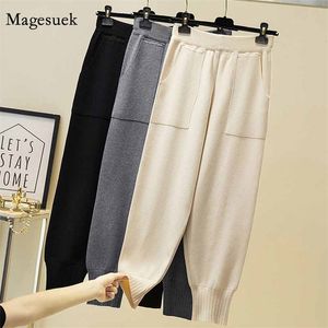 Koreaanse casual katoen hoge taille broek vrouwen losse zakken elastische gebreide broek pantalon 11805 210512