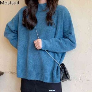 Coréen décontracté mode tricoté femmes chandails à manches longues col montant solide pulls hauts doux chaud dames pulls 210513