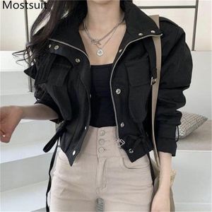 Coréen décontracté mode femmes veste manteau printemps poches zippées cordon court hauts Streetwear Femme élégant Femme 210513