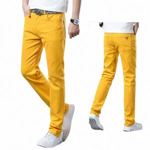 Coréen Casual Rouge Jaune Rose Jeunesse Party Hip Hop Hommes Jeans Droit Design Fi Denim Pantalon Élastique Slim Droit k02e #