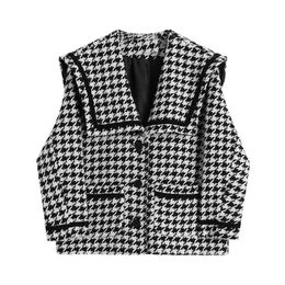 Koreaanse casual korte jas voor vrouwen geruite herfst winter warme jas vintage mode losse tweed jassen femme uitloper tops 210417