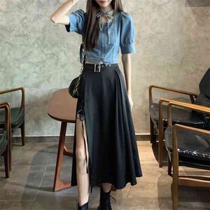 Koreaanse Casual Zomer 2 Stuk Sets Womens Outfits Denim Jeans Crop Top Bandage Lange Rok Vrouwelijke Pakken Twee Vrouwen 210514