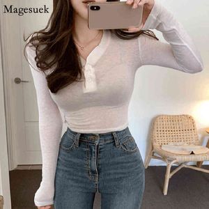 Koreaanse casual v-hals knop lange mouw t-shirt vrouwen lente hoge stretch solide slanke tshirts vrouwelijke witte tees shirt femme 14404 210518