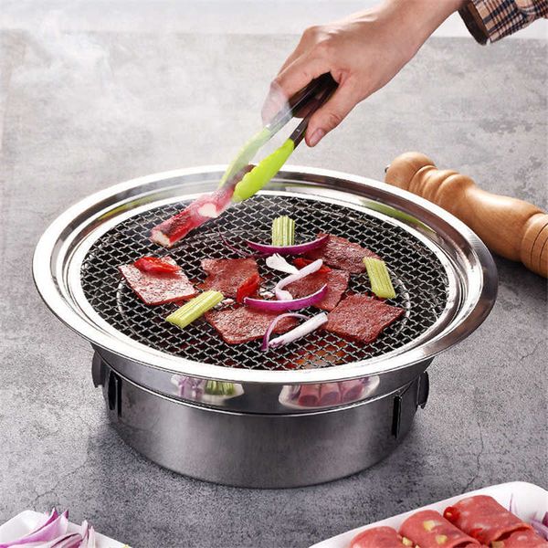 Barbecue à charbon de bois coréen en acier inoxydable antiadhésif Barbecue Plateau Grills Poêle à charbon portable pour camping en plein air barbecue 210724