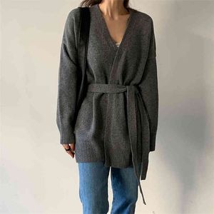 Coréen Chic Automne et Hiver Paresseux Vent Croix Col V Cravate Taille Mi-longueur À Manches Longues Cardigan Pull Manteau GX1339 210507